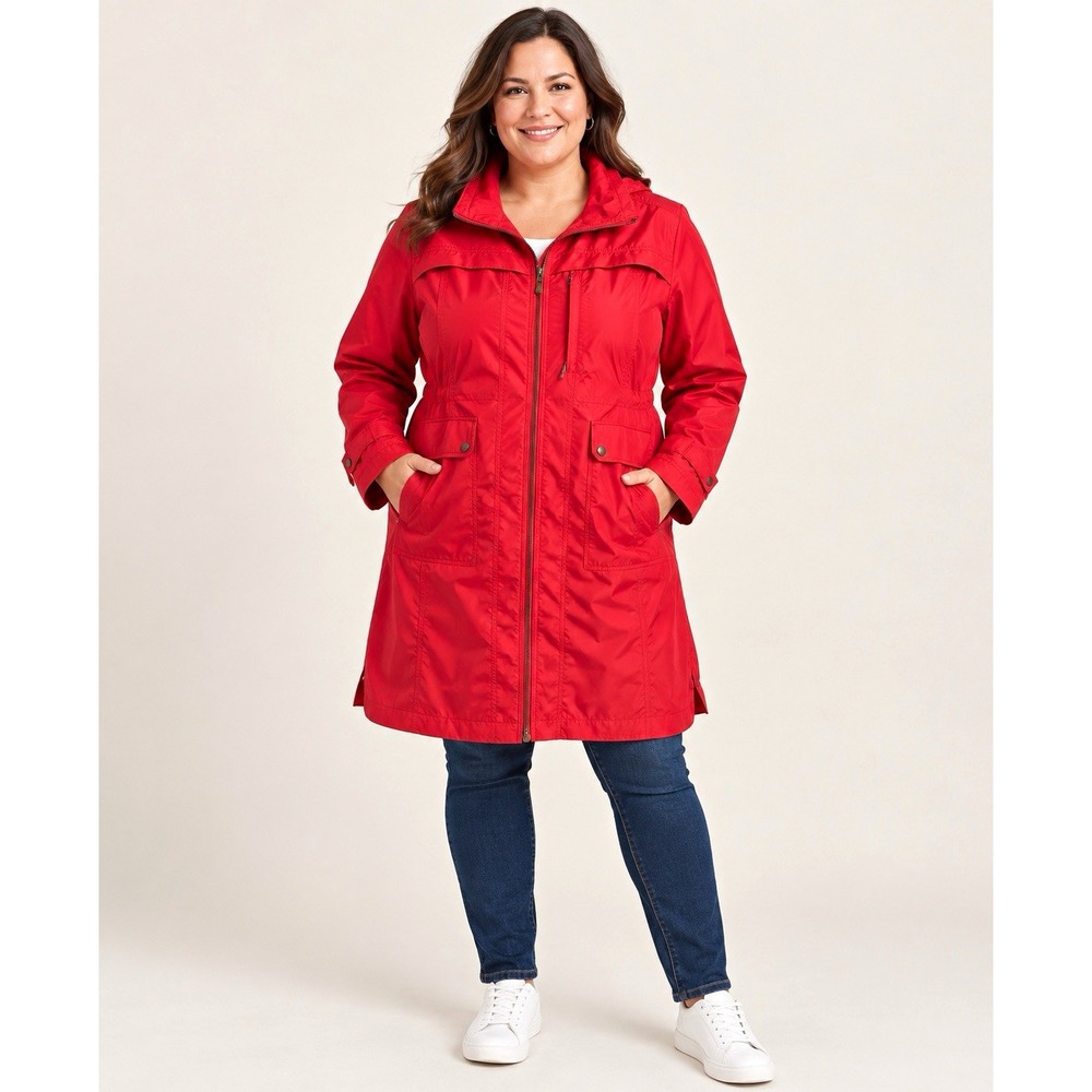 Cole Haan Women's Red Long Hooded Rain Coat Zip Lightweight Water Resistant XL
